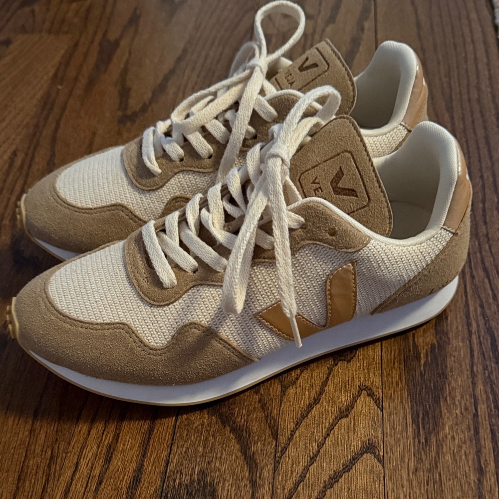 Veja Women's Tan and Cream Sneakers, worn one time
